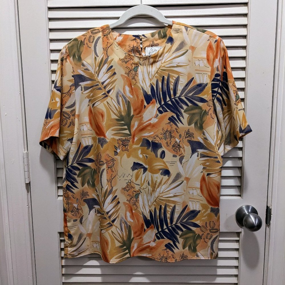 Kathy Che Women's Med Top Blouse Short Sleeve Tropical Floral Summer Resort